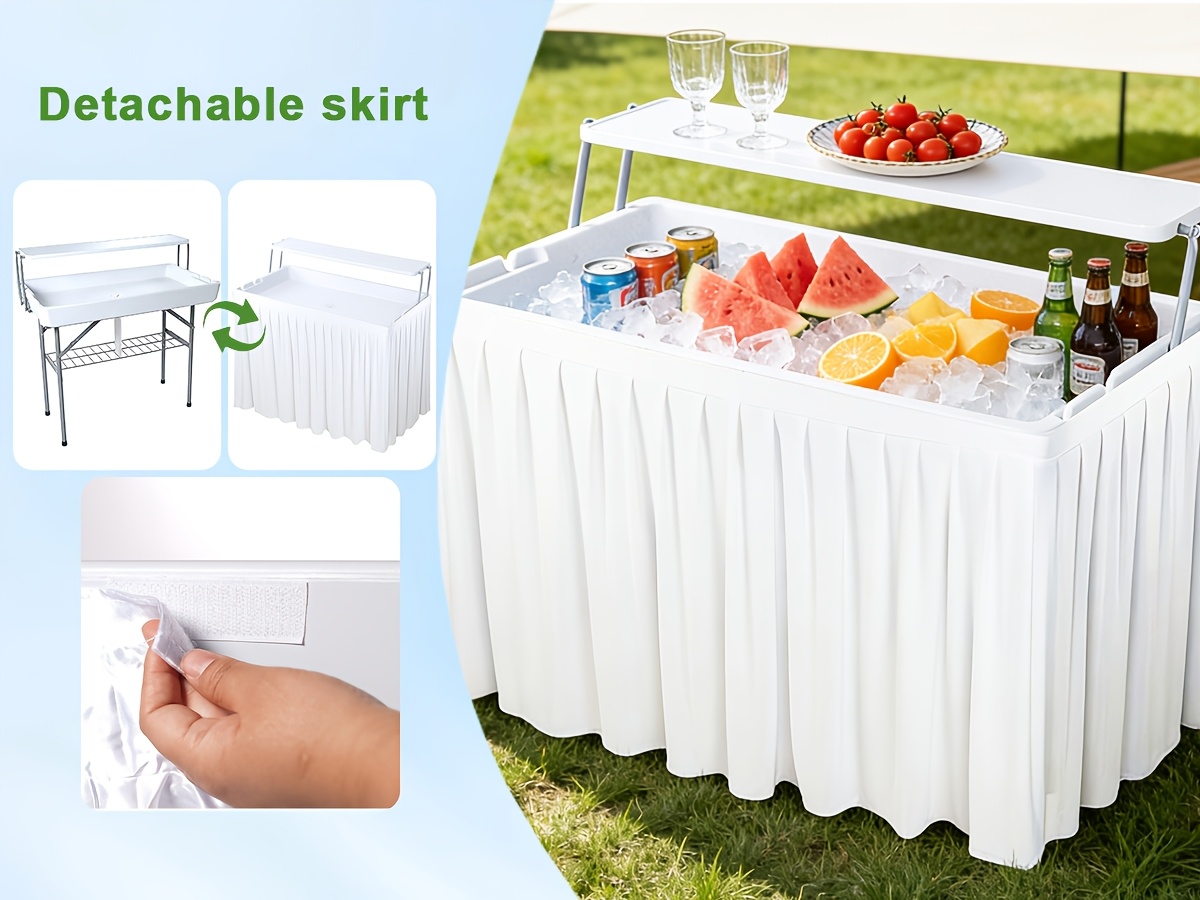 Double-Layer Cooler Table with Drain And Storage Rack, Portable Folding Ice Cooler Table with Matching Skirt for Picnic, Party, Outdoor Events, Camping, Wedding, 40.5 X 39.3 X 22.04 Inches