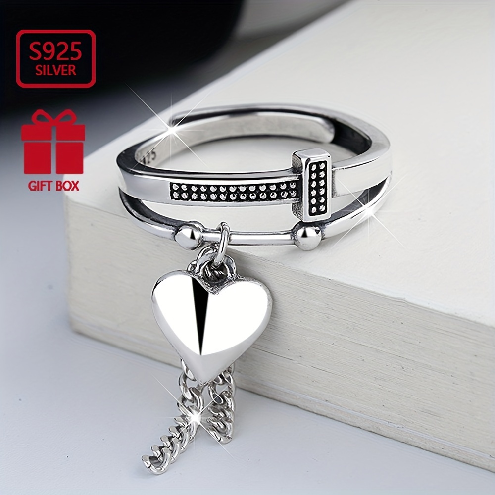 

Vigg Vintage Simple Sterling Silver Ring For Women, 1pc S925 Finger Band With Heart Charm Tassel, Fashion No Plating Statement Ring, Daily Gift Occasion, All Seasons – 4.3g