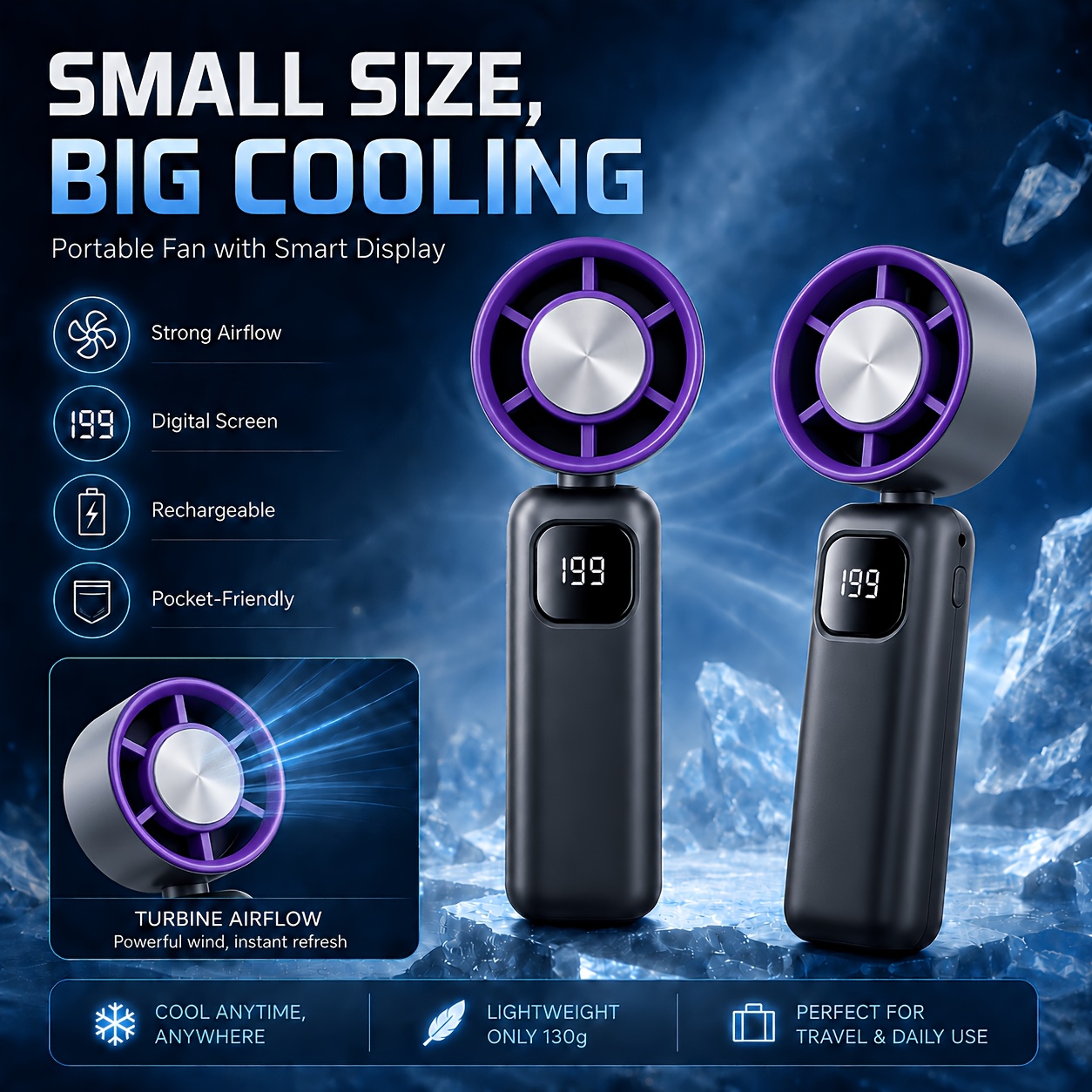 5000mah Handheld Fan 3-in-1 Run, 199-speed Display Luxury, Portable Ac For Home/office/travel