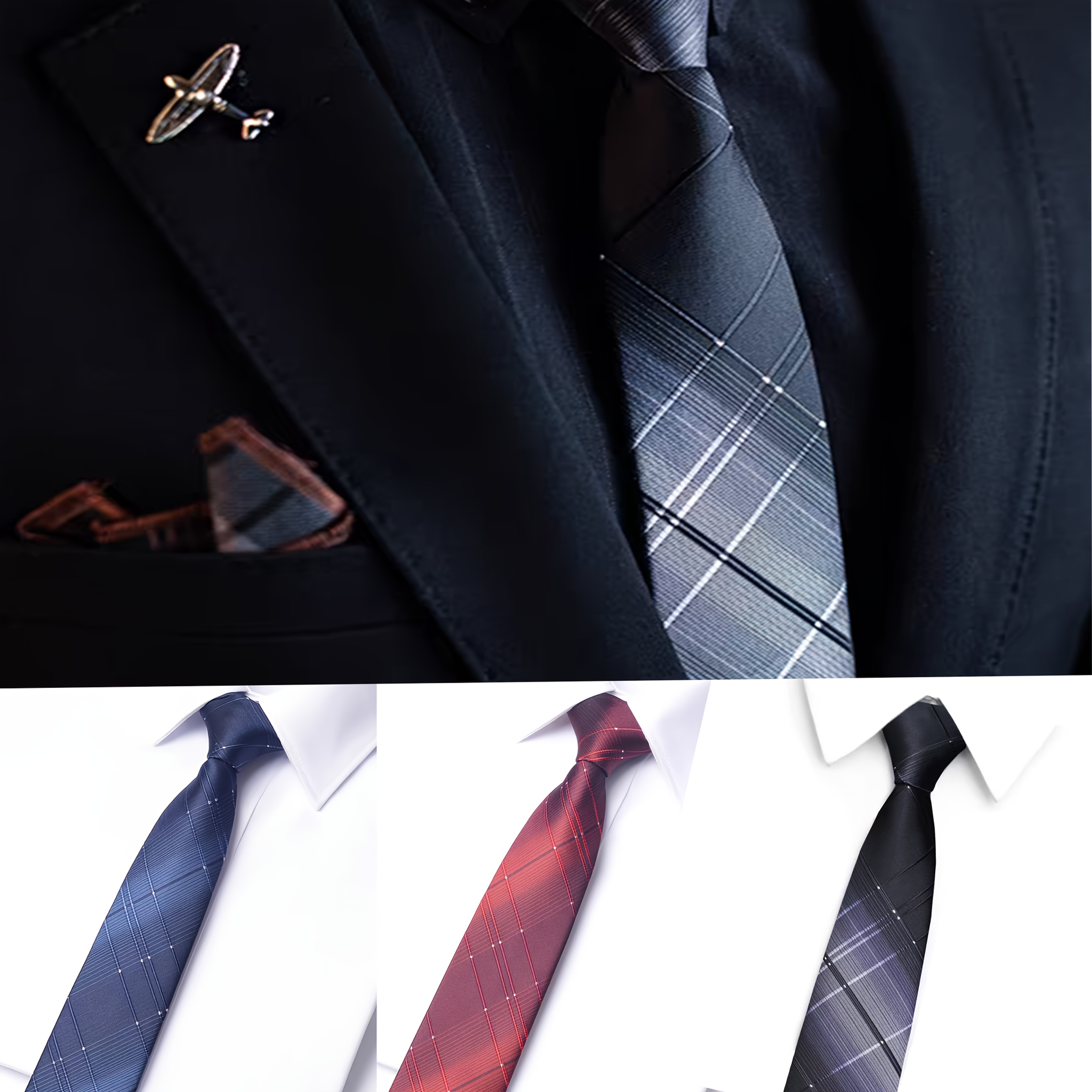 3 Peças de Gravata Masculina Xadrez Gradiente, 8cm Estilo Zíper Sem Nó 3