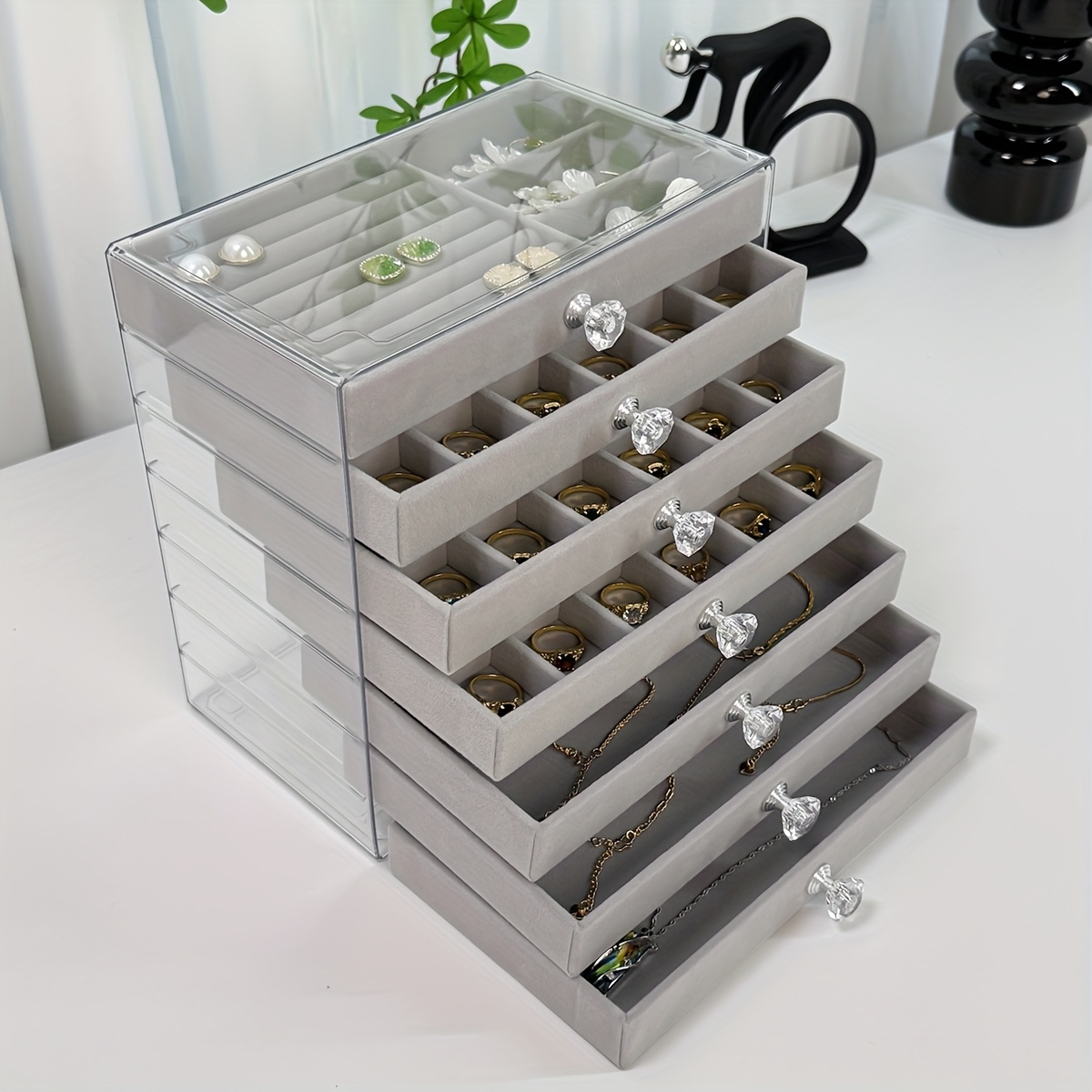 7 layer transparent plastic jewelry organizer box with fabric lined compartments secure   closure contemporary octagonal design multi use desktop storage for earrings rings necklaces jewelry organizer storage durable polished   jewelry boxes Product details 3