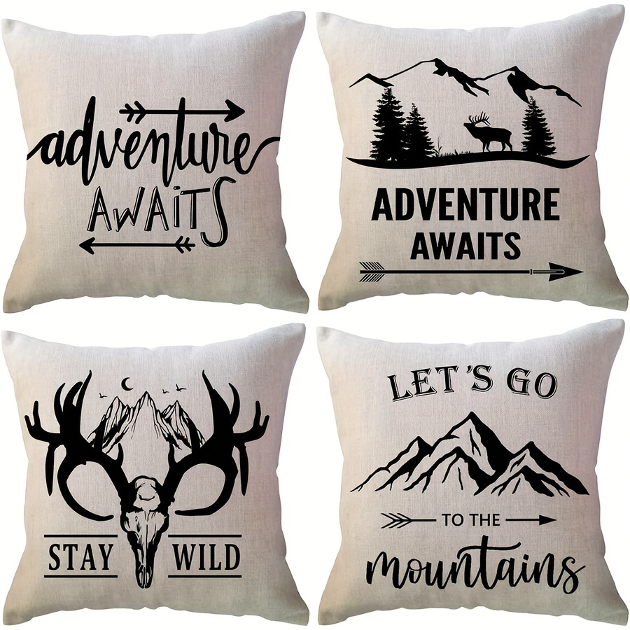 

4pcs Adventure Awaits Throw Pillow Covers Set - Rustic Linen, Zip Closure, Machine Washable - Perfect For Home & Living Room Decor