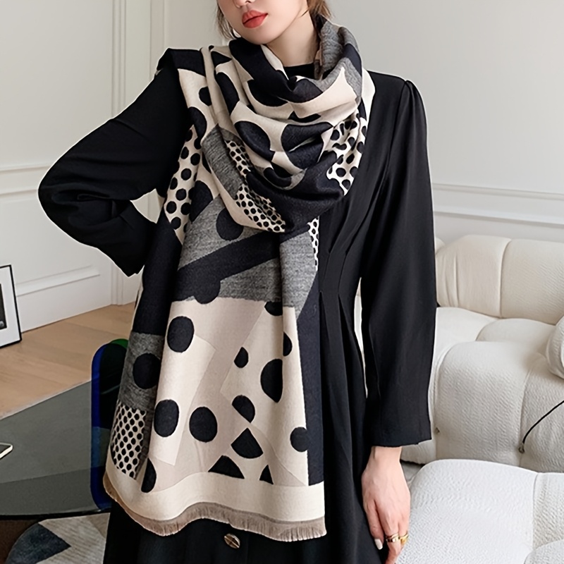 Women's Long White & Black Polka Dot Scarf - Winter Warm White Beige Grey Shawl Wrap, Soft Breathable Non-Elastic White Beige Grey Blowing-in-Wind-like-Effect (Casual & Dressy Outfits) - Versatile for Dresses, Jeans, Skirts