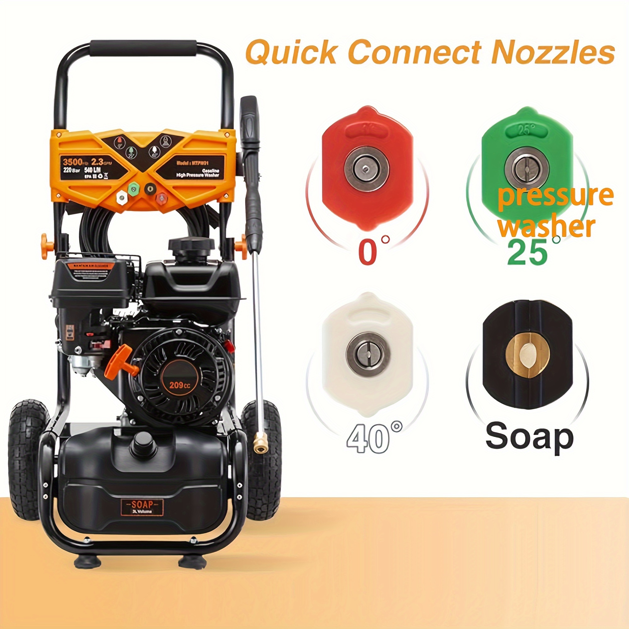 

Gas Pressure Washer, 3500 Max Psi And 2.3 Max Gpm, Brushless Motor, Onboard Soap Tank, Spray Gun And Wand, 5 Nozzle Set, For Cars/fences/driveways/homes/patios/furniture