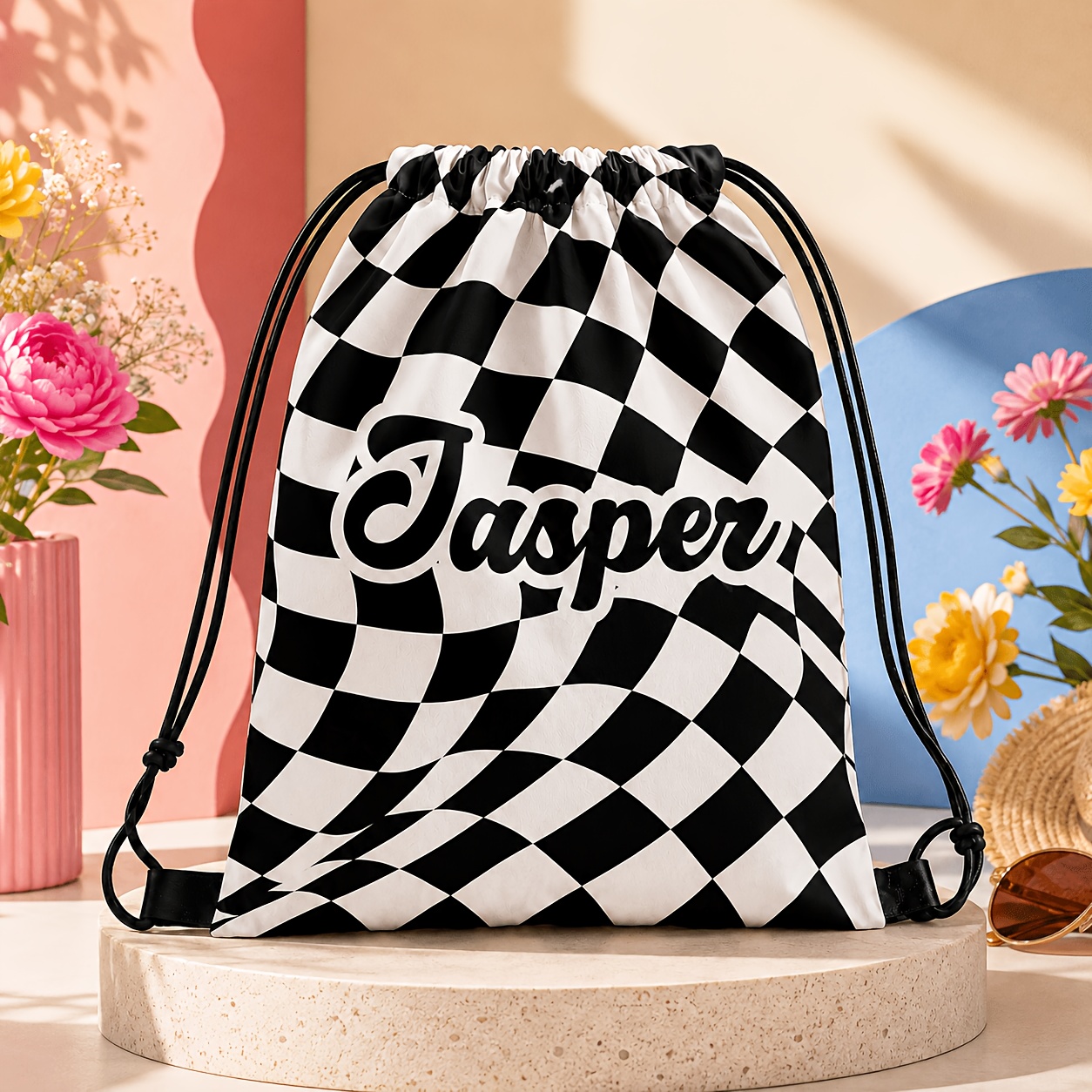 TEMU Sacchetto con coulisse personalizzato a quadri, trendy e cool, confezione singola! Disponibile con stampa personalizzata di e lettere, pieno di