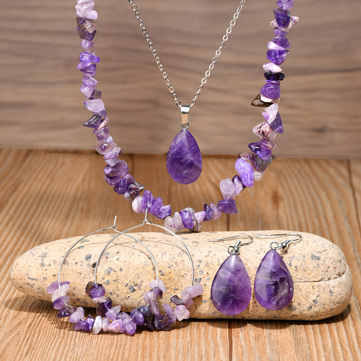 

6pcs Set Of Irregular Amethyst Necklace And Earrings In Natural , Bohemian Style, Suitable For Daily And Holiday Gifts In Autumn And Winter