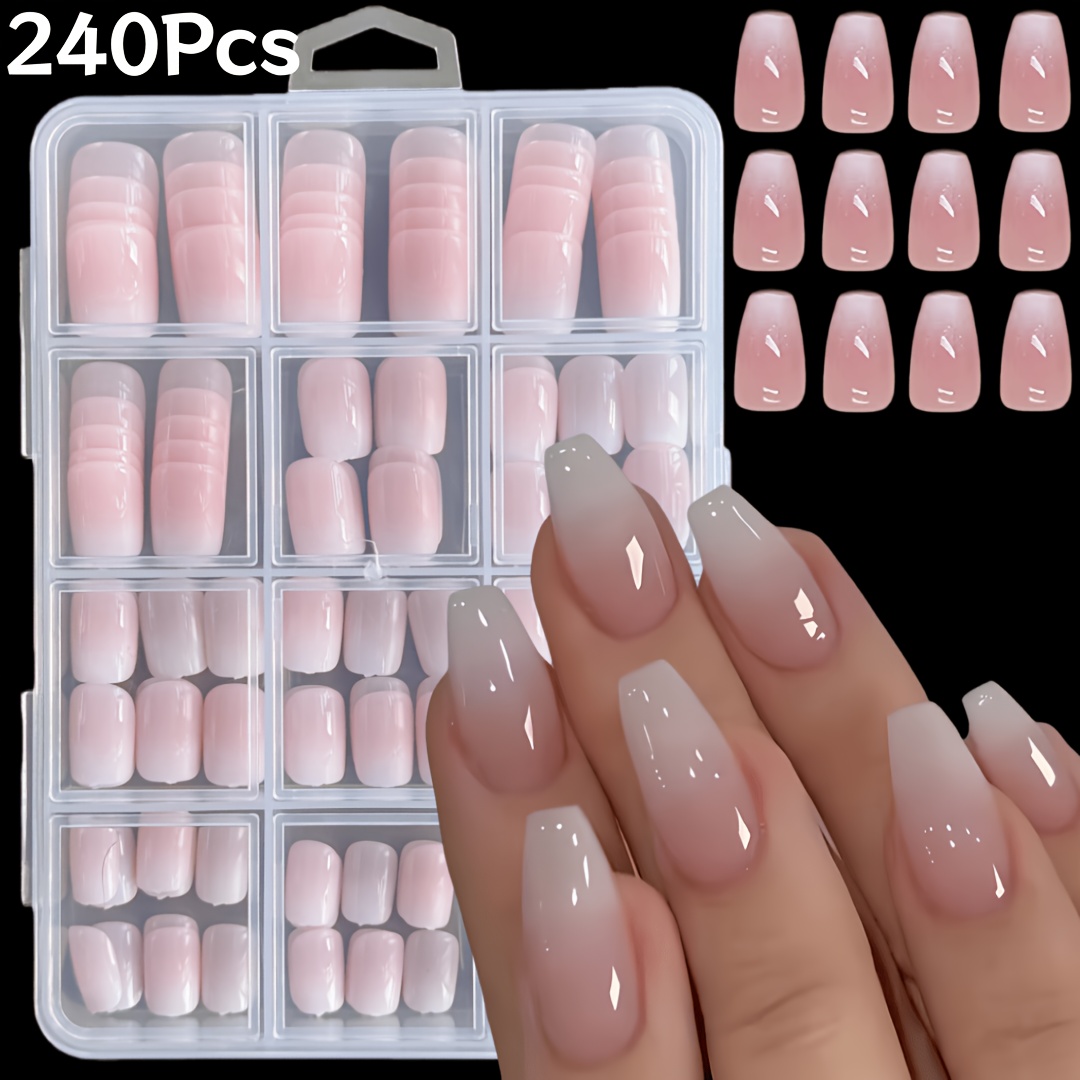TEMU 240pcs Short Ballet Press On Nails Suitable For Women - White/pink Ombre Fake Nails With 12 Sizes, Glossy & Short Lengths, Light Pink Gradient