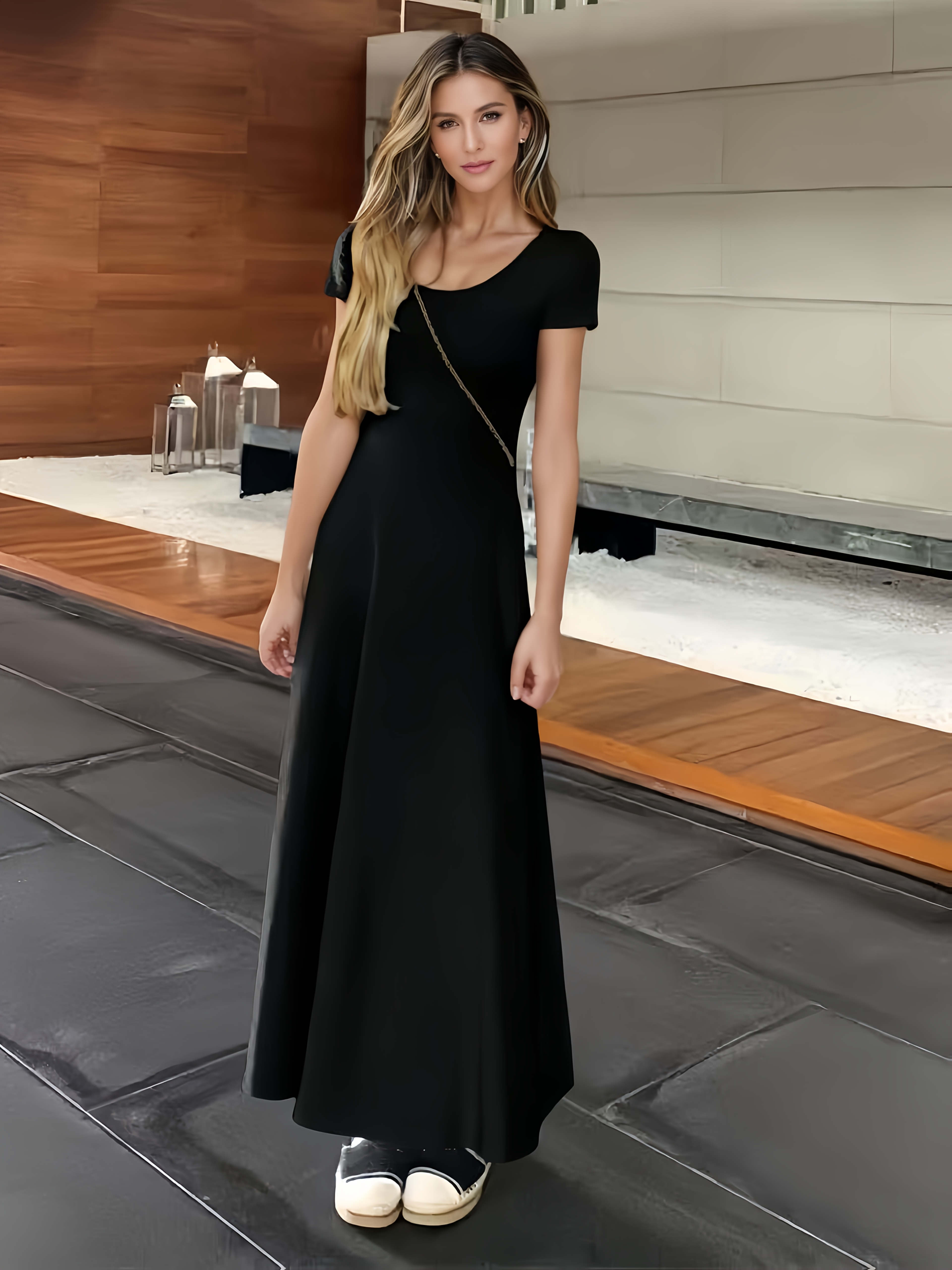 women's elegant a-line dress with sleeve mesh overlay - solid black round  neck midi dress, medium stretch for spring/fall, casual to semi-formal  wear, sleeve dresses, formal occasion attire, fashion, sophisticated  tailoring, stretchy