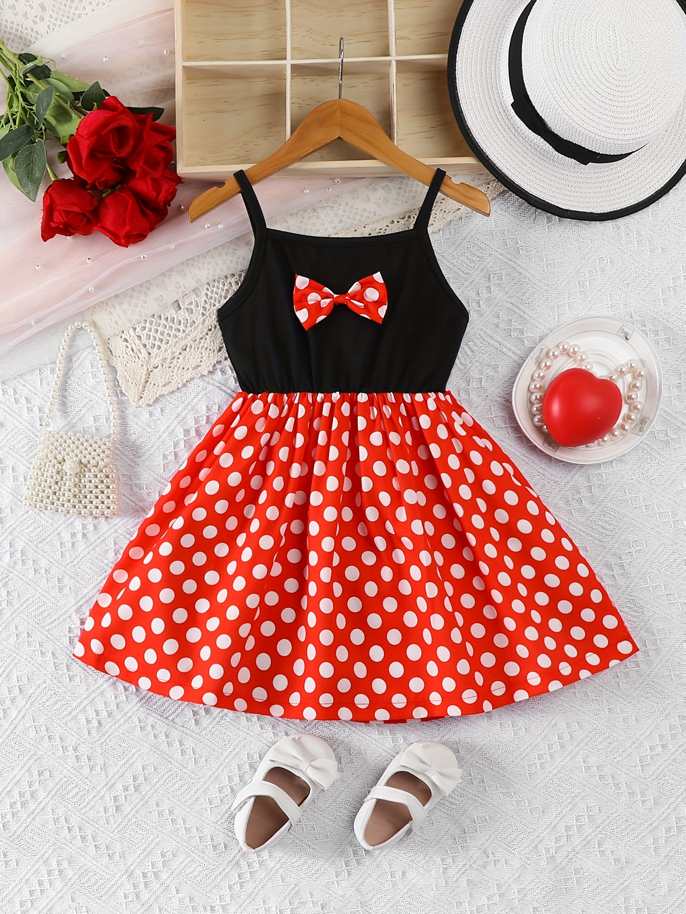 Girls' Cute Red Polka Dot Bow Summer Sleeveless Cami Sundress for Birthday,  Outdoor Party & Beach Wear