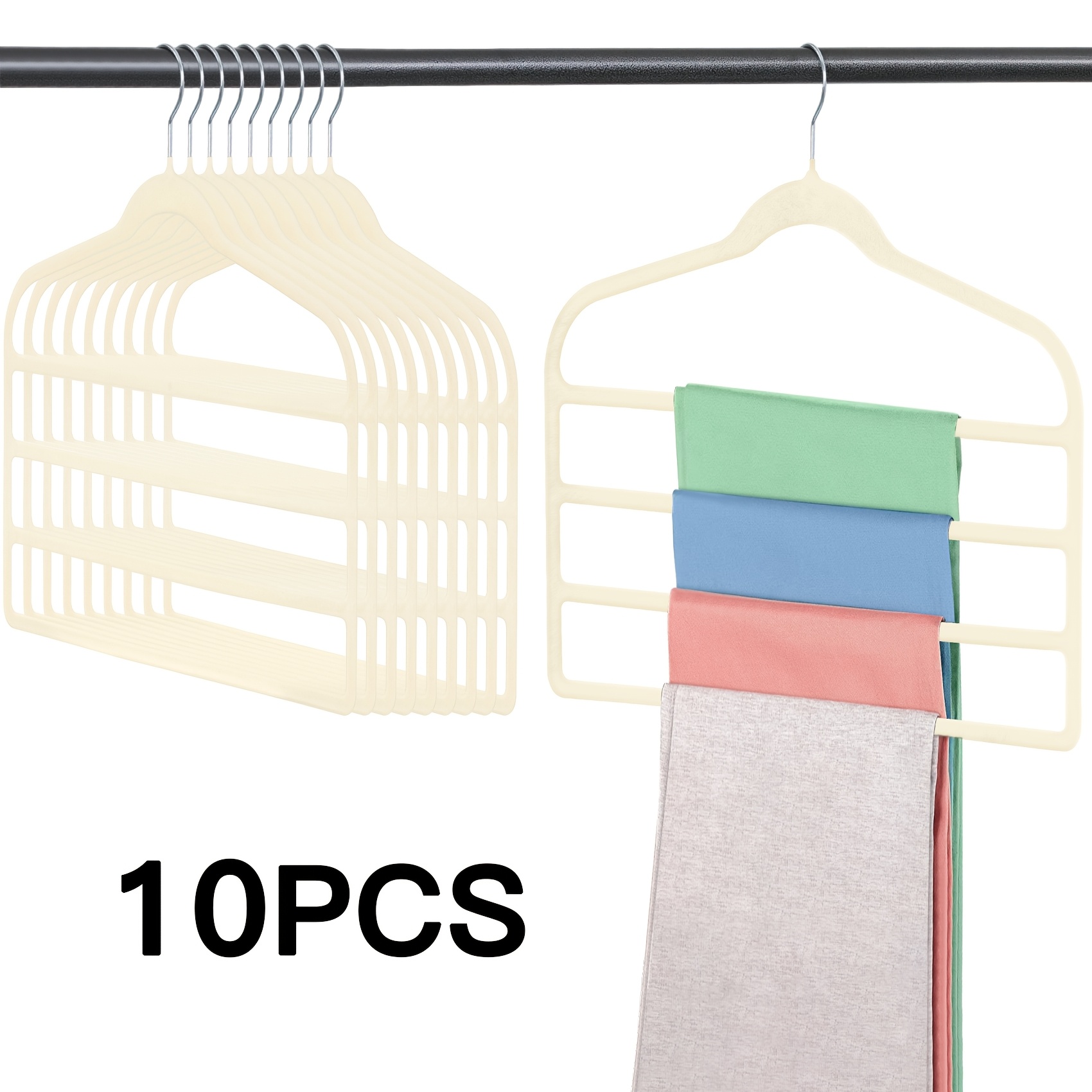 TEMU 4-tier Flocked Pants Hangers -10pcs Hanger Organizer For Trousers, Skirts & Slacks, Space-saving Closet For Wardrobe Organization
