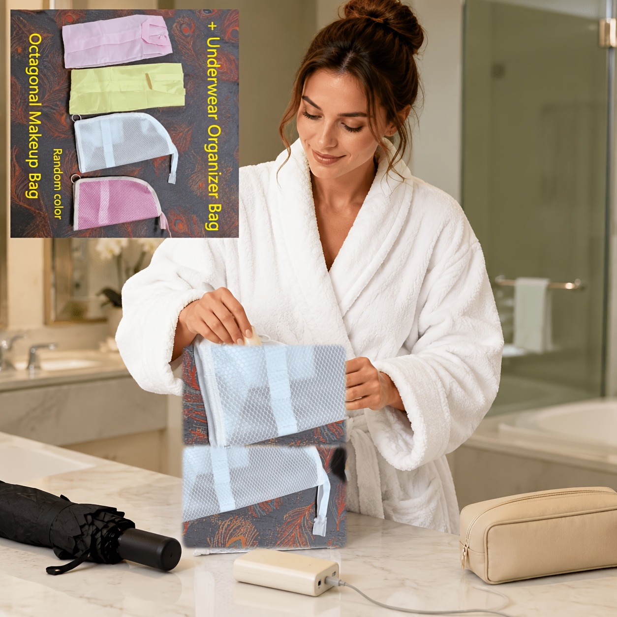 TEMU Set Of 2 (random Colors) Octagonal Cosmetic Bags And Lingerie Storage Bags, Featuring Smooth, Durable Zippers And A Foldable, Lightweight