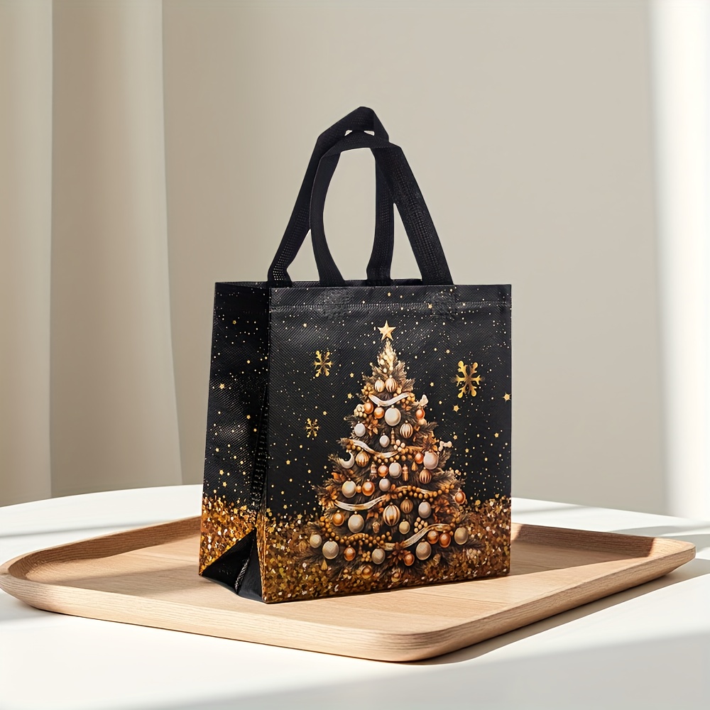 20pcs festive christmas gift bags snowman tree stocking design black golden with handles non woven tote bags for holiday parties 9x8 46x4 33 inches christmas gift bags