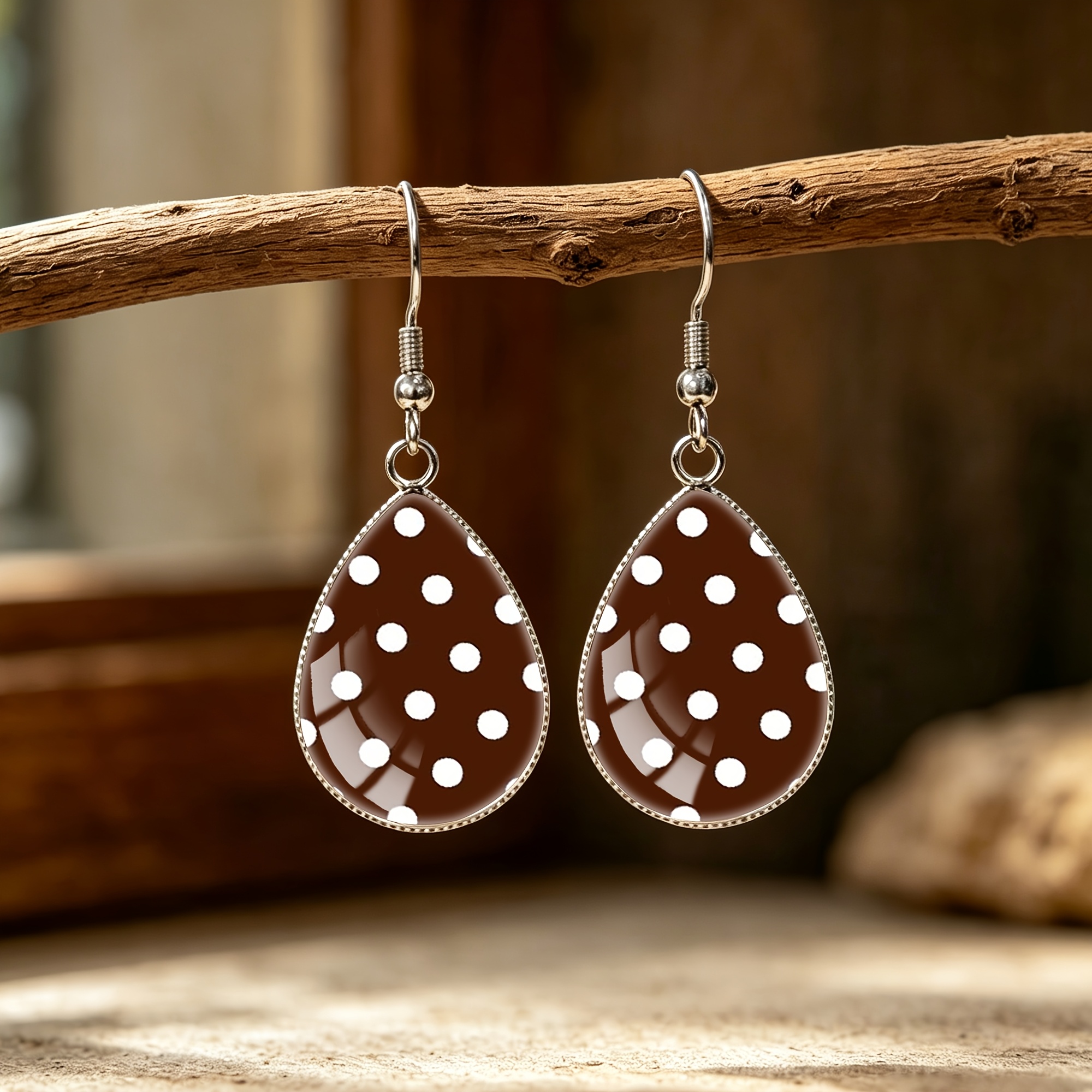 TEMU 1 Pair Of And White Polka Dot Pattern Steel Teardrop Earrings, Vintage , Suitable For Men And Women As Gifts Or For Vacation Wear, Jewelry Ear