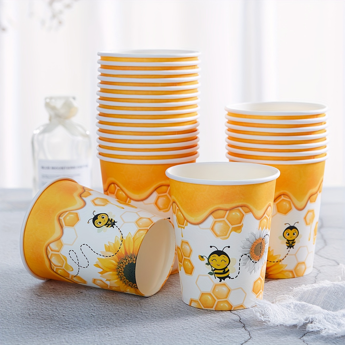 Image of 24pcs Of 9 Ounces, Honey Bee Sunflower Paper Cups, Party Tableware For Birthday, Summer Picnic, Garden Party, Market Theme, , Tea Party, Outdoor Celebration And Rustic Table Decorations