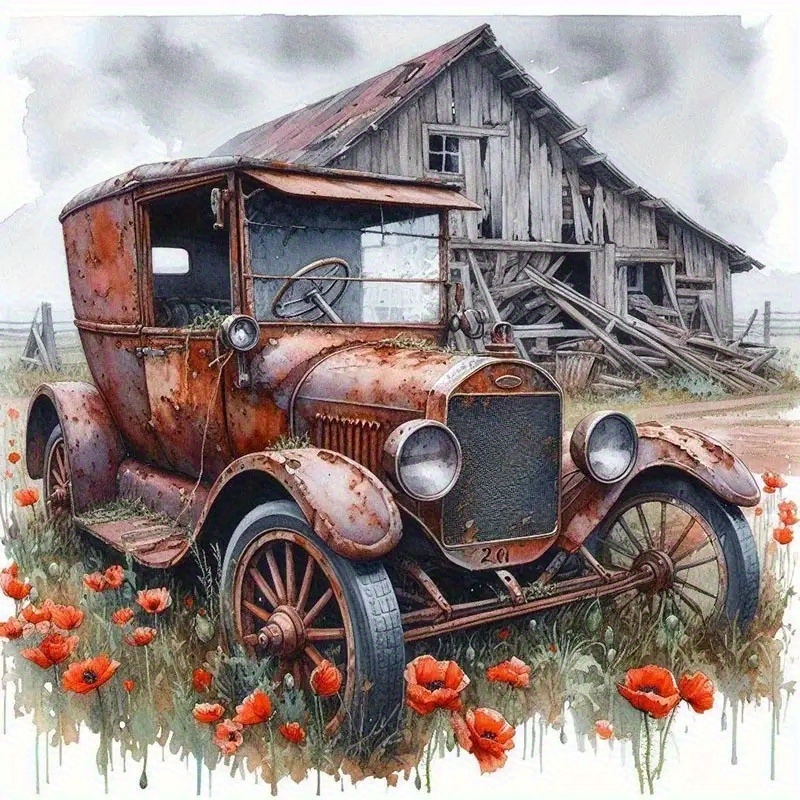 TEMU Diy Diamond Painting Kit, Craft, Acrylic Linen Canvas With Vintage Car And Barn Scene, Relaxing Handcraft Activity Suitable For Home Bedroom