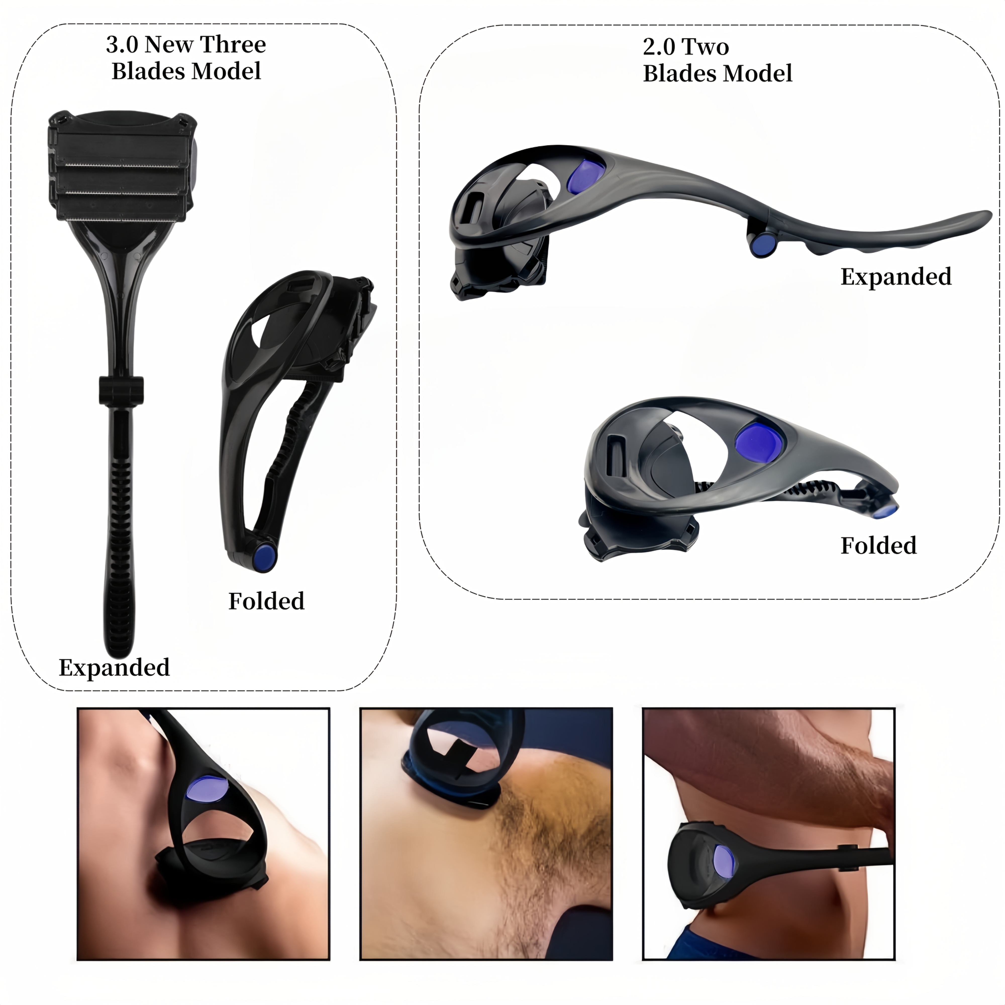 Long Handle Manual Shaver Wet & Dry Use Back and Full Body Hair Removal Foldable Portable with 1 Handle + 2 Blades