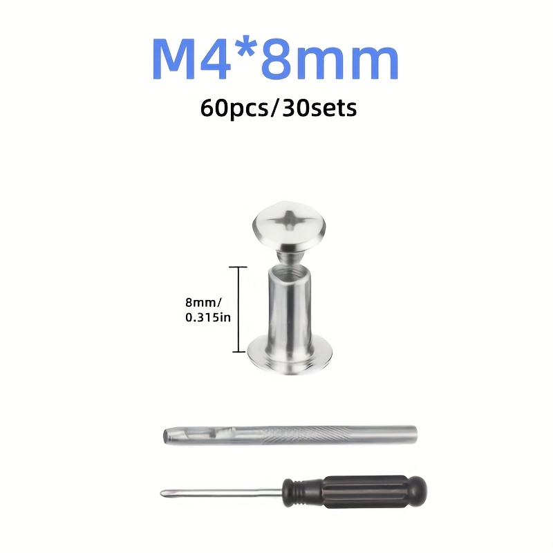 E-shop 60 Stück/30 Sets Chicago-Schrauben in Silber M4 – Runde Flachkopf-Nieten für Basteln, Alben, DIY-Bücher, Stiefel, Gürtel mehr | Inklusive