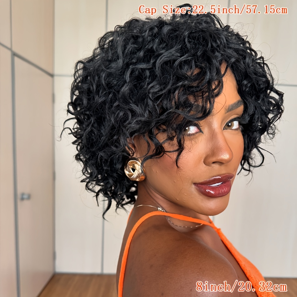 TEMU Chic Curly Wave Cut Human Hair Wigs With Bangs Loose Curly Wigs For Women 8 Inch Laryed Curly Brazilian Human Hair Machine Made 180% Density Suitable For Daily Wear