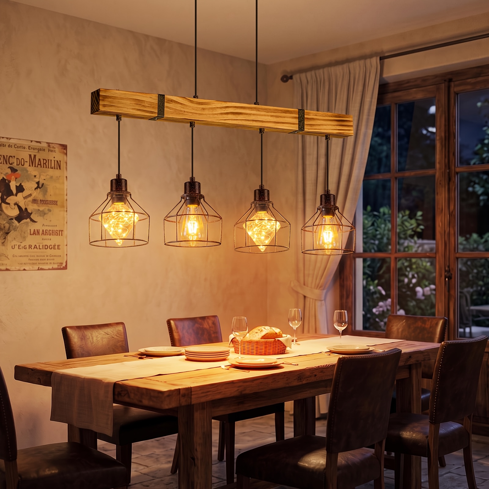 Image of Chandelier Dining Table Chandelier Wooden Dining Table Black Industrial Style Chandelier, 3/4 Bulbs, Height Adjustable, Suitable For Dining Room, Kitchen, Living Room (excluding Bulbs)