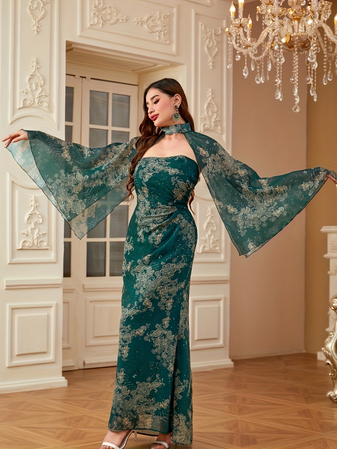 printed shimmering fit evening shawl gown bl jh 071503 - Temu Oman