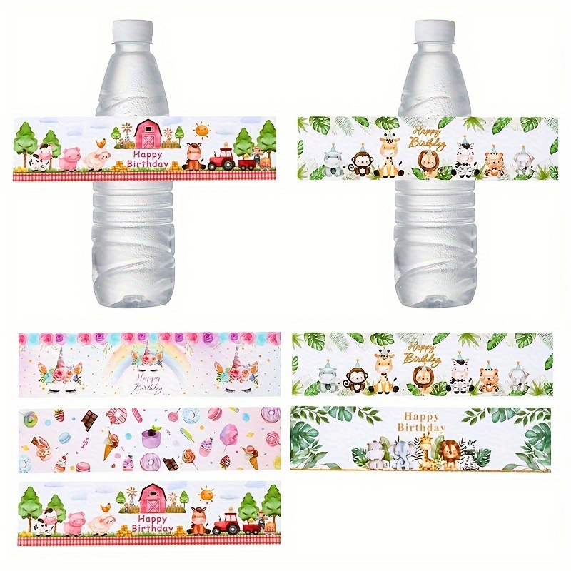 

10pcs Jungle Animals Paper Bottle Stickers Happy Birthday Party Decoration, Donut Wedding Party Supplies Cute Farmland Birthday Decor Gifts Water Bottle Stickers