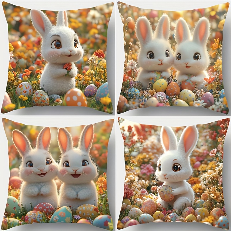 

4pcs Adorable Easter Bunny & Egg Pillowcases - Polyester, 17.72" Square, Zippered, Machine Washable - Ideal For Sofa & Bedroom Decor, Bunny Accessories