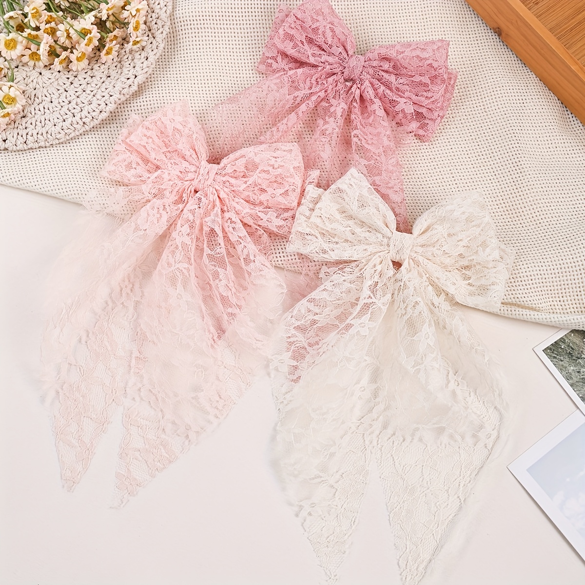 Image of 3/8pcs Women Lace Hair Clip Set, Fashion Elegant Lace Floral Long Streamer Ribbon, Sweet Cute Back Of Head Hair Additions Set, Suitable For Holiday Parties, Daily Wear Hairstyle Additions
