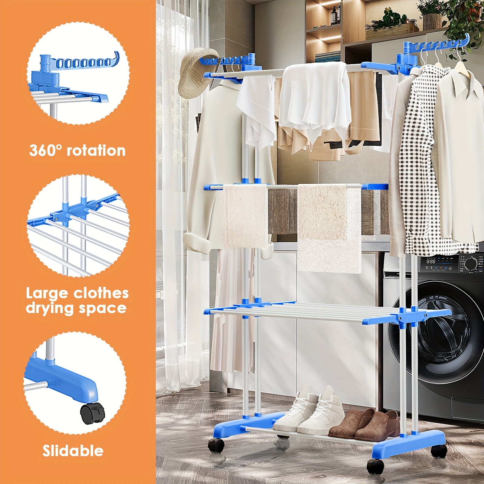 TEMU Foldable Clothes Drying Rack Tower With Wheel-3-tier Metal Laundry Dryer With 6 Fixed & 2 Rotating Side Wings, Space-saving Design For Clothes,