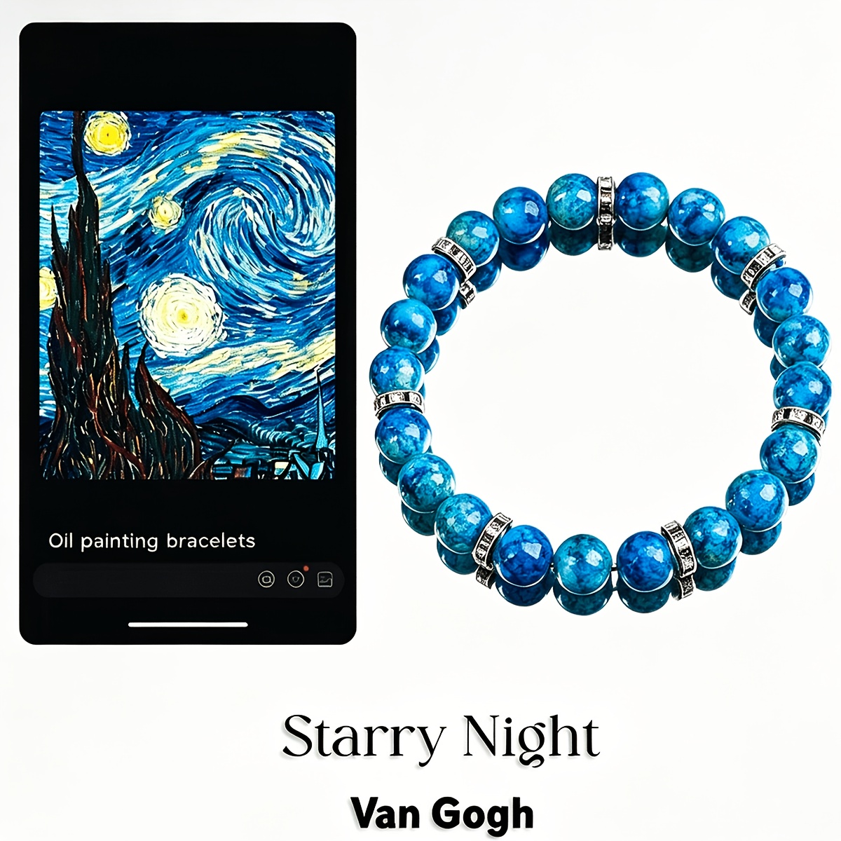 TEMU Bracelet de perles en naturelle série peinture à l'huile vintage avec palette de couleurs de 'La Nuit étoilée' de Van Gogh, cordon élastique -