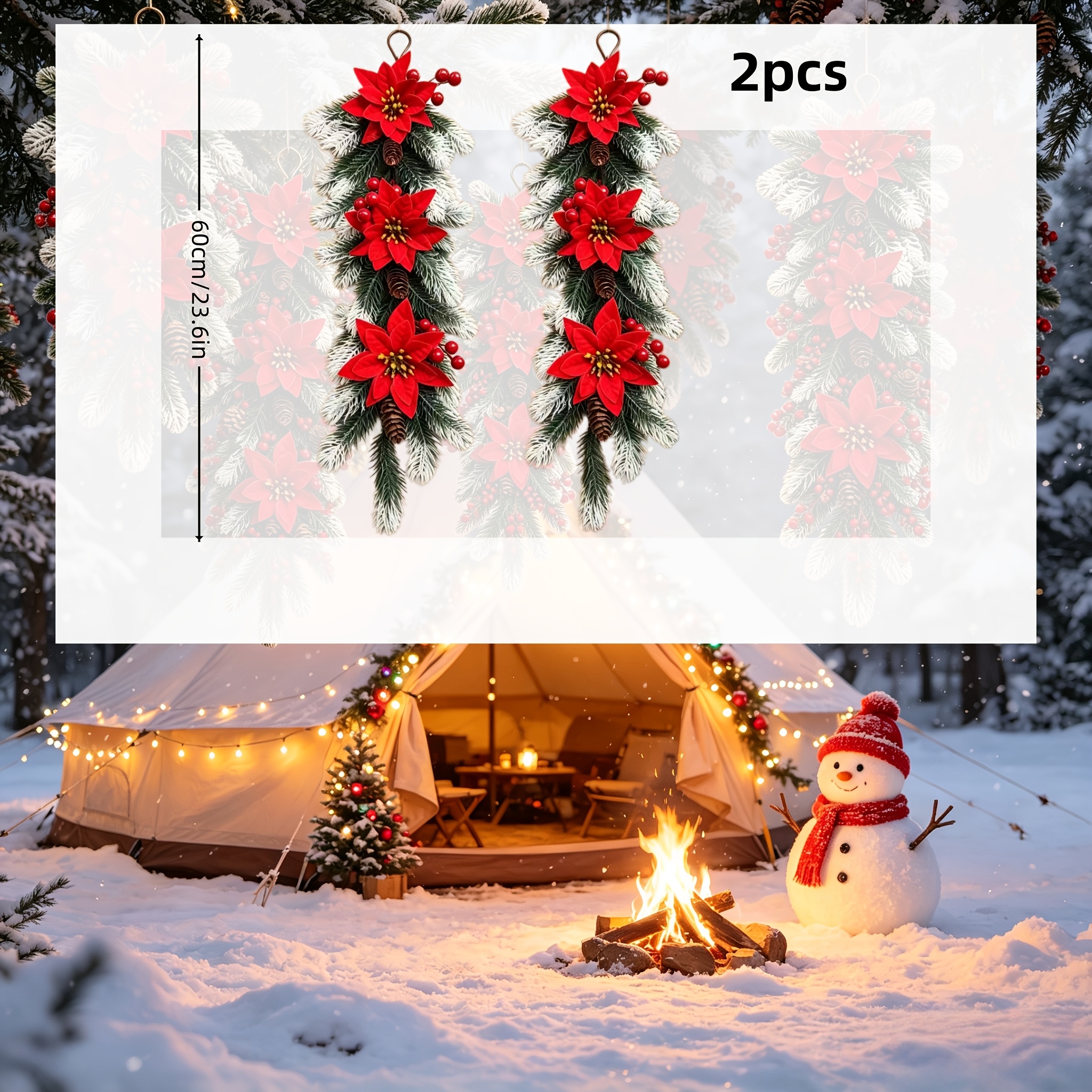 2 High-quality Christmas Decorative Garlands, Meticulously To Create A Festive Atmosphere! Artificial Poinsettias, Red Berries, And Pine/ Branches Feature And Natural Shapes, Appearing Realistic From
