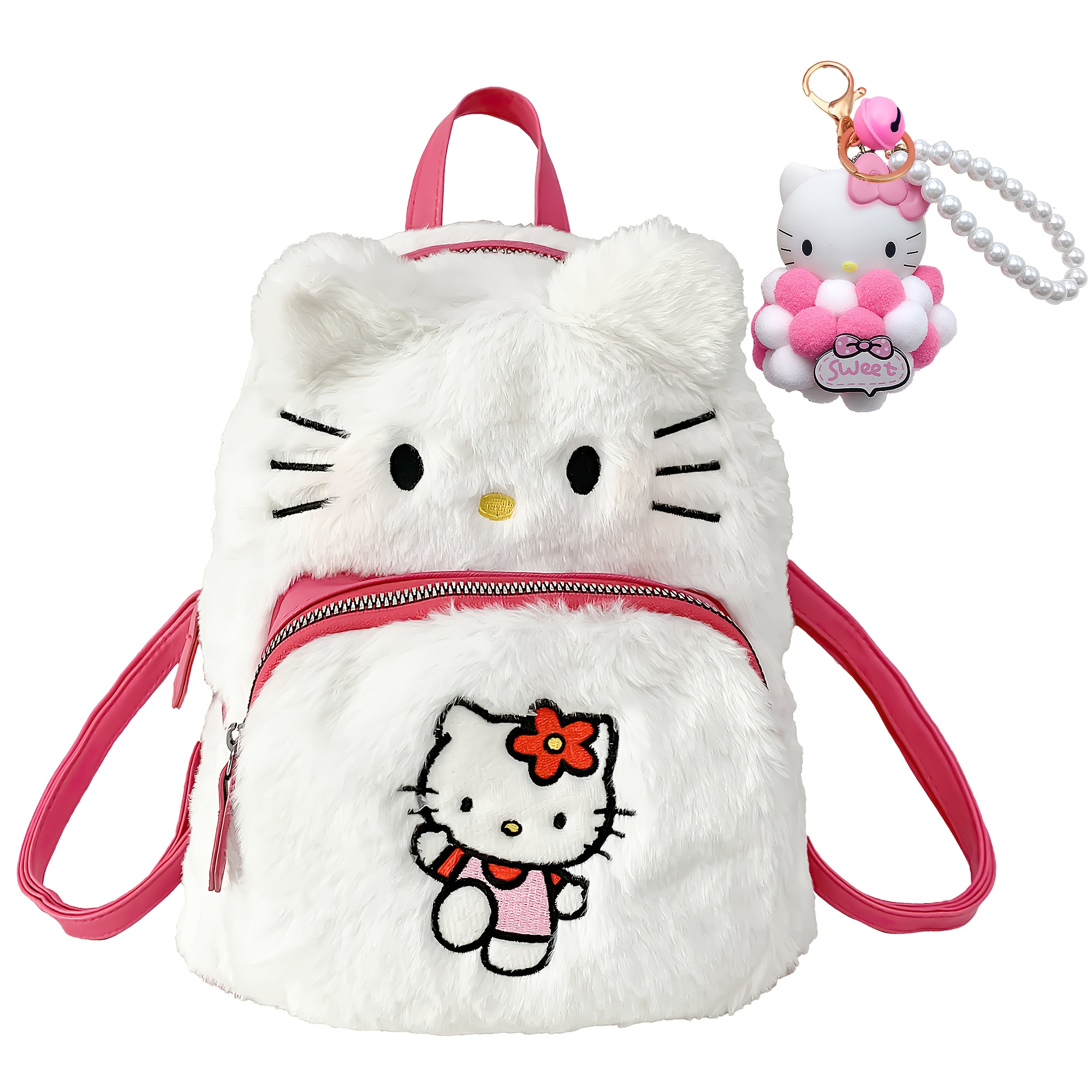 

Hello Kitty & Friends Plush Backpack - Lightweight, Adjustable Straps, Zip Closure - Casual Fur With Kuromi & Cinnamoroll Charms, Outdoors