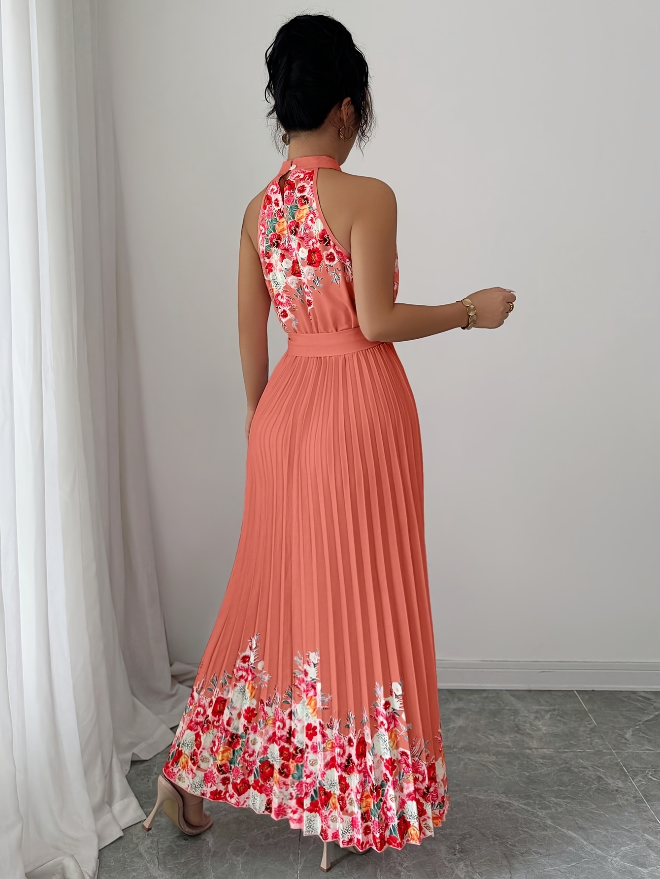 Fashionable New Women'S Summer Halter Floral Print Pleated Dress