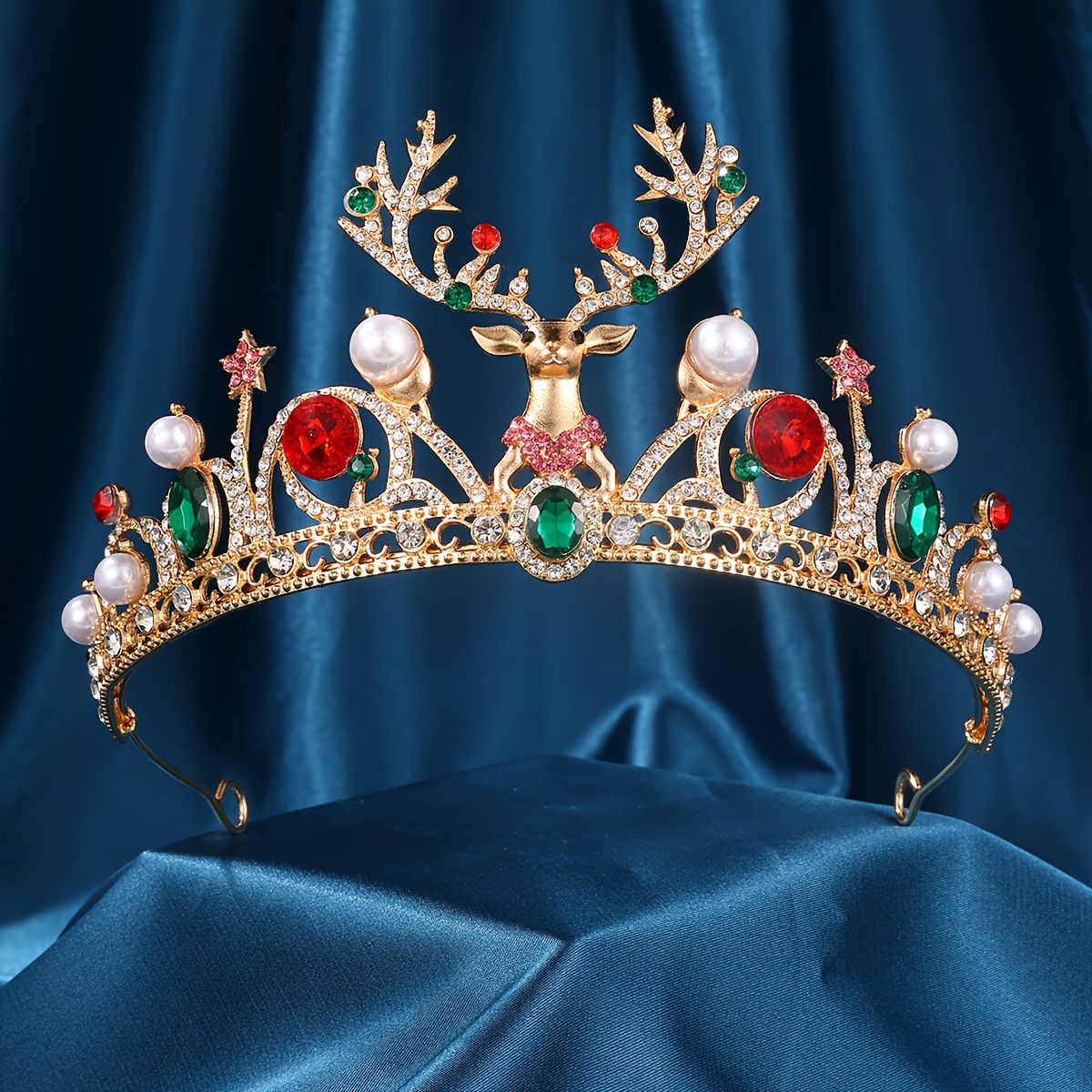 TEMU Reindeer Crown Tiara Pearls & Gemstones - Christmas & Birthday Parties,