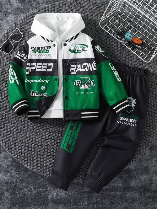 2pcs boys motorcycle racing letter print long sleeve jacket and casual pants set suitable for outdoor parties as holiday gift outdoor