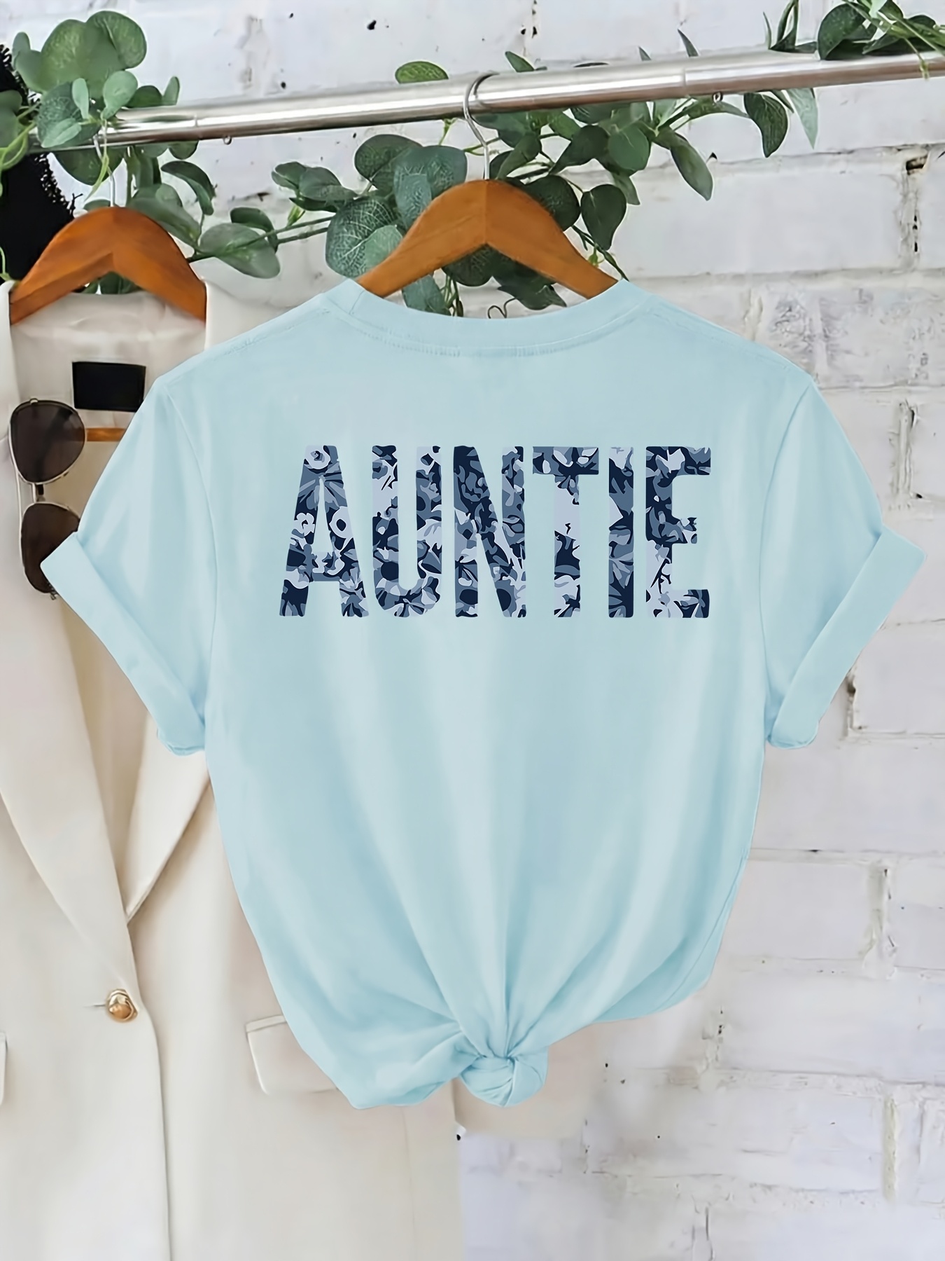 front and back double sided print spring summer loose fit casual womens clothing floral print with auntie lettering short sleeve round neck t shirt womens apparel