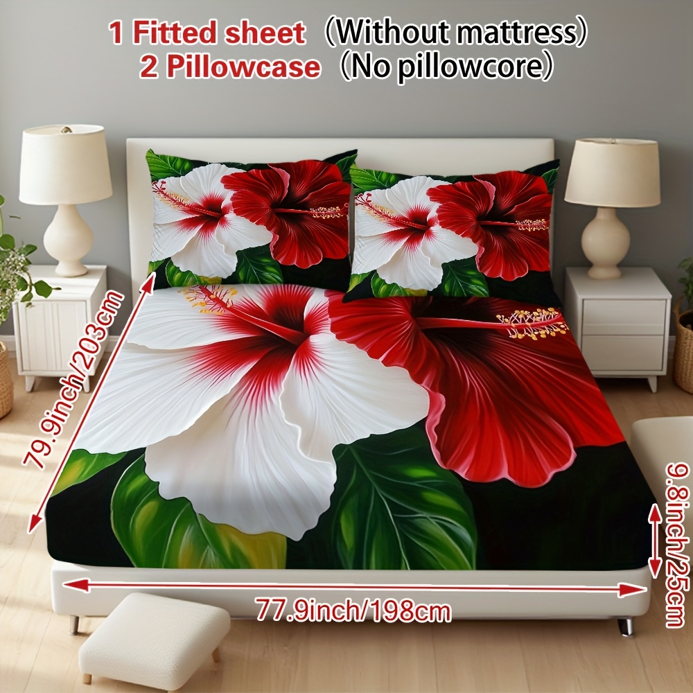 TEMU 3pcs Red And White Hibiscus Elegant Fitted Sheet Set For Bedroom, Hotel, Or – Includes 1 Fitted Sheet & 2 Pillowcases