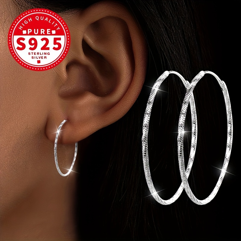 Image of A Pair Of S925 Sterling Silver, Women' Hoop Earrings, Shining And Exquisite, Lightweight With No When Worn, Featuring A Unique , Suitable For Occasions Like And Exhibitions