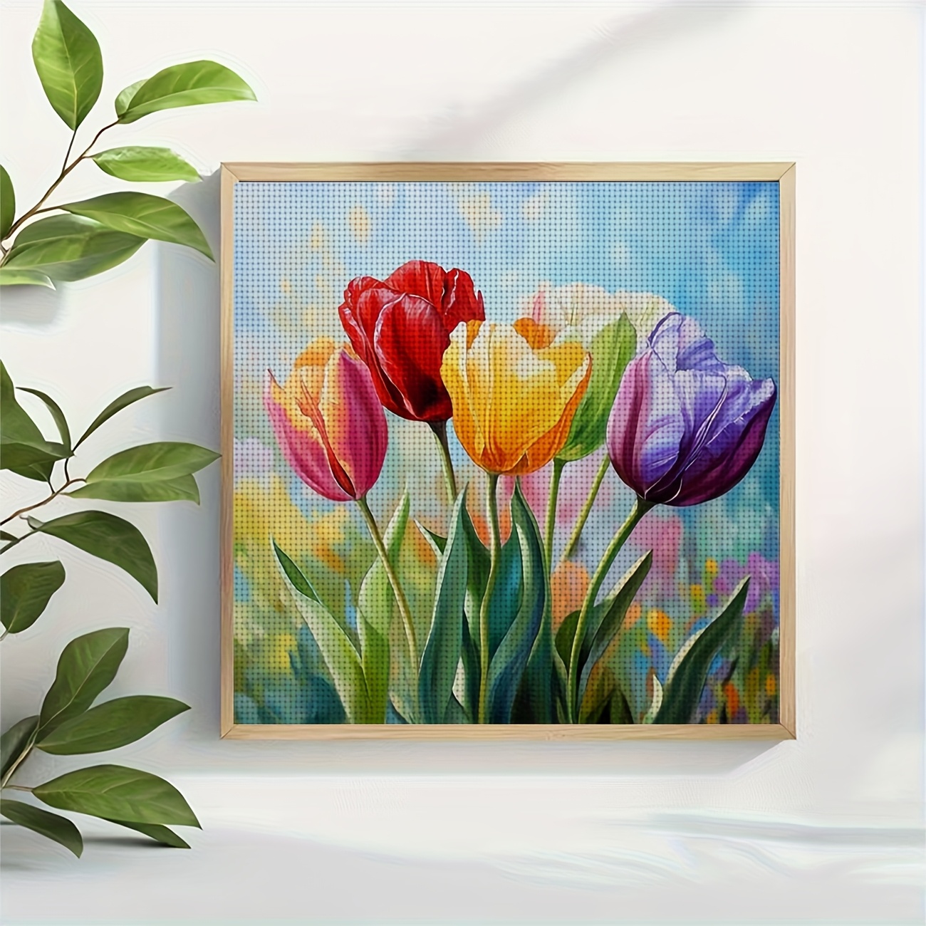 DIY Cross Stitch Print Kit, Frameless, Colorful Tulips Design