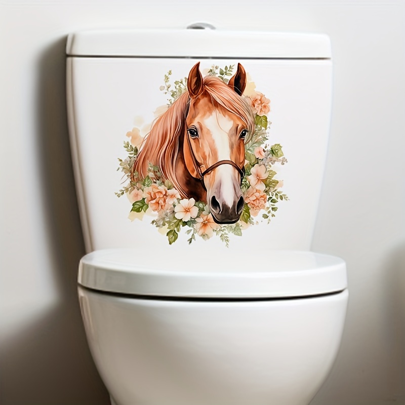 

1pc Horse Floral Toilet Lid Decals, Elegant Equestrian Bathroom Decor, Adhesive Stickers For Toilet Top, Tank & Wall, Multi-surface Application, Artistic Home Accessory