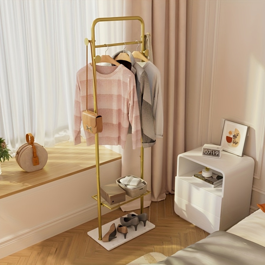 Image of Clothes Stand: Freestanding Metal Coat Rack With 2 Shelves Entryway Garment Stand With 4 Hooks For Home Clothes Organization Metal Standing With Marble For Living Room Hallway Bedroom