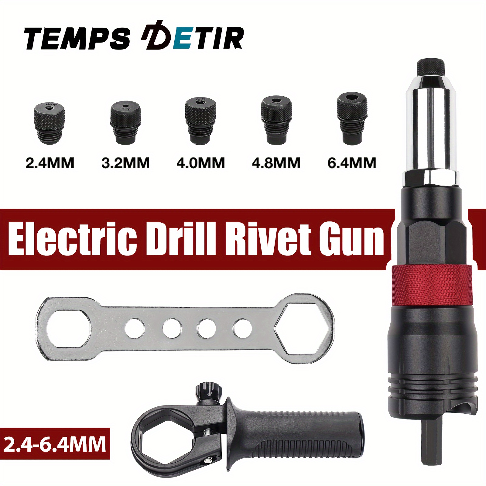 

Detir Cordless Rivet Adapter Kit - Professional Electric Drill Tool With Wrench & Handle, 2.4mm-6.4mm For Diy Projects