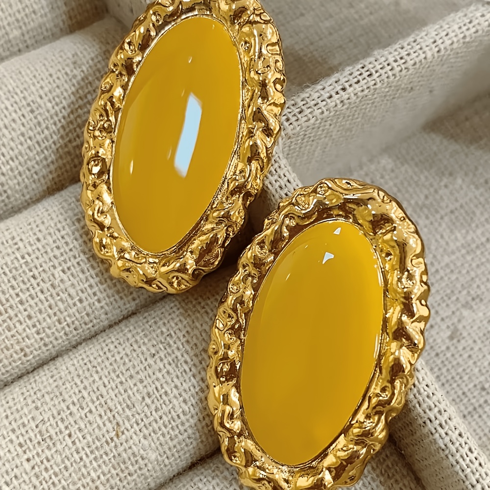 TEMU Boucles d'oreilles ovales jaunes rétro français en émail, clous en métal vieilli au design , bijoux d'oreille polyvalents