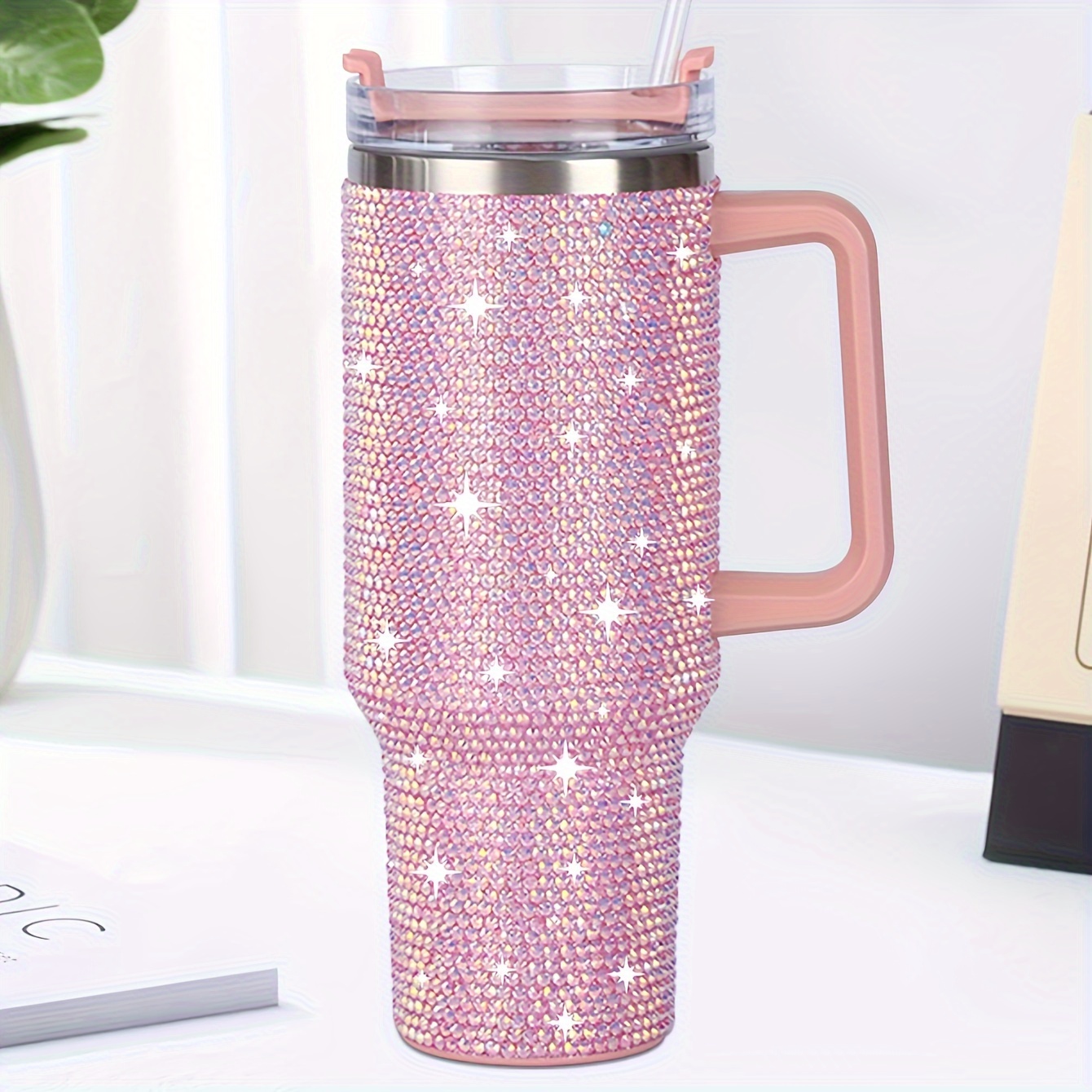 

1pc 40 Oz Stainless Steel Insulated With Rhinestones, Leak-resistant Travel Mug With Handle And Straw - Summer Drinks, Home And Office Use, And Birthday Gifts