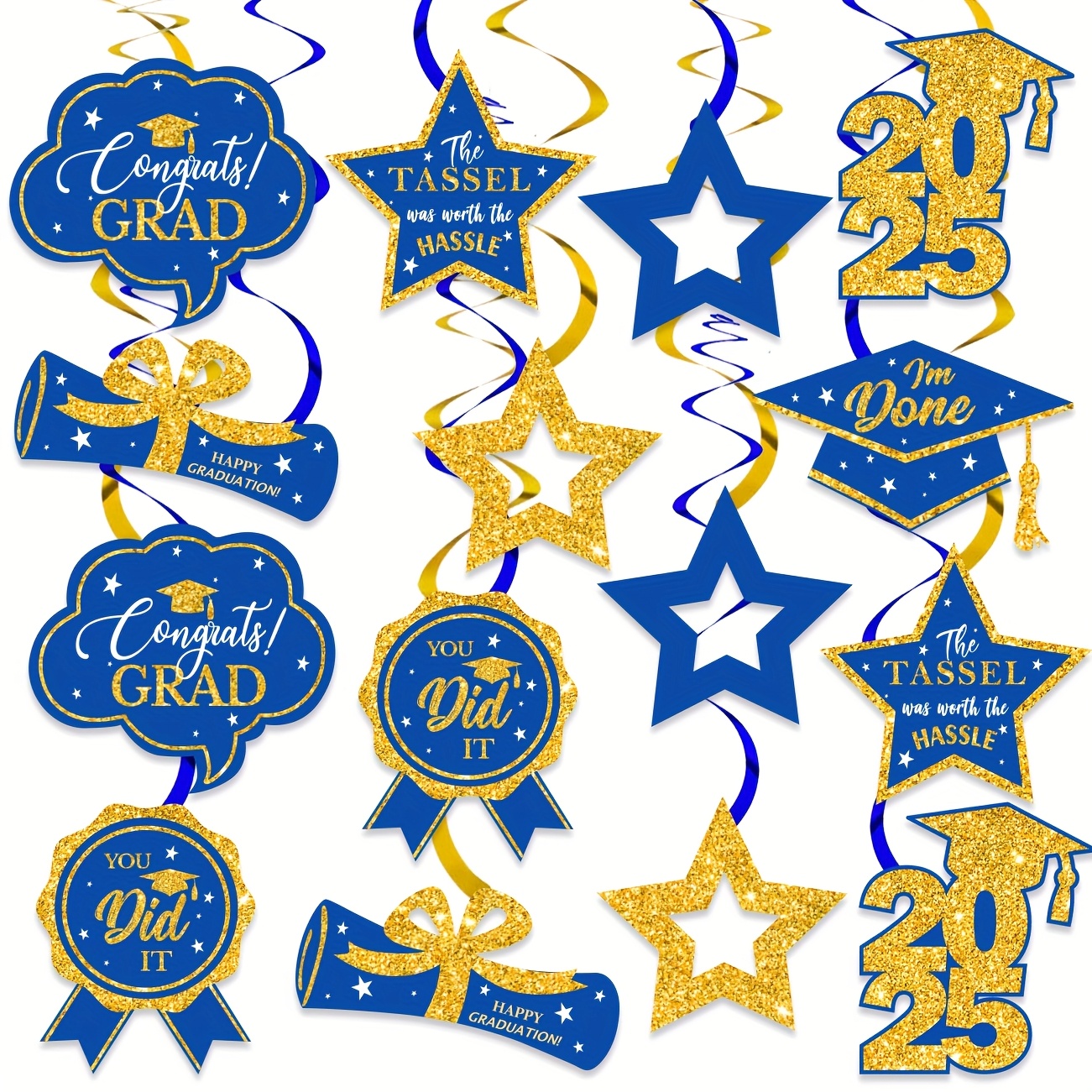 

32pcs Graduation Party Decorations Set, Blue & Golden Paper , Grad Hanging , With Universal Holiday Themes For Indoor & Outdoor, Suitable For 14+