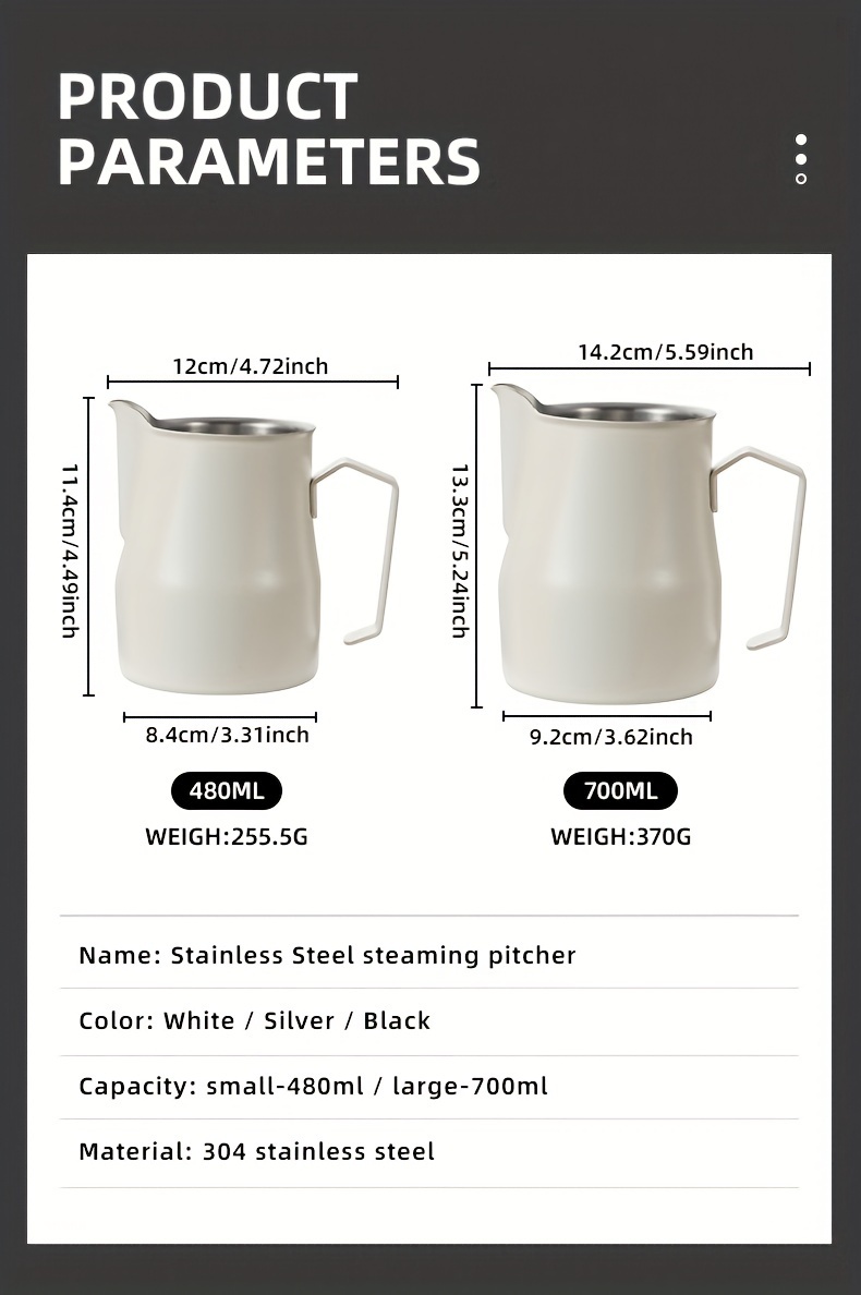 1pc   art cup latte art cylinder latte art tool made of 304 stainless steel milk jug milk frothing cup with pointed spout milk frothing canister white 480ml 700ml milk frothing canister black 304 steel latte art cup white details 5