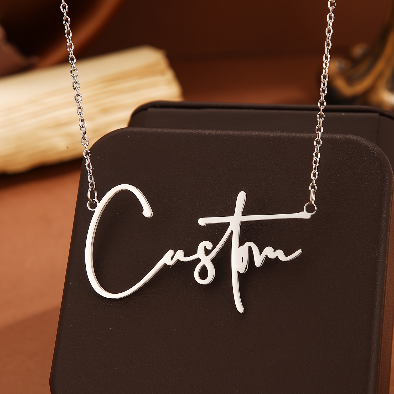 TEMU Custom 1pc Personalized Stainless Steel Cursive Name Necklace - Unique Laser Cut Customized Jewelry With Straw Book Pendant Charm - Perfect