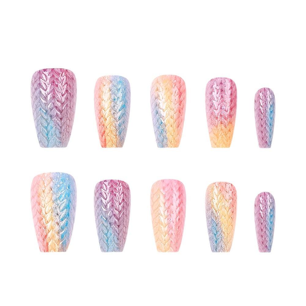 24pcs Short-t Press On Nails Matte Nails Rainbow Gradient Fake Nails Autumn And Winter Atmosphere With Knitted Texture Pattern Artificial Reusable False Nails For Women And