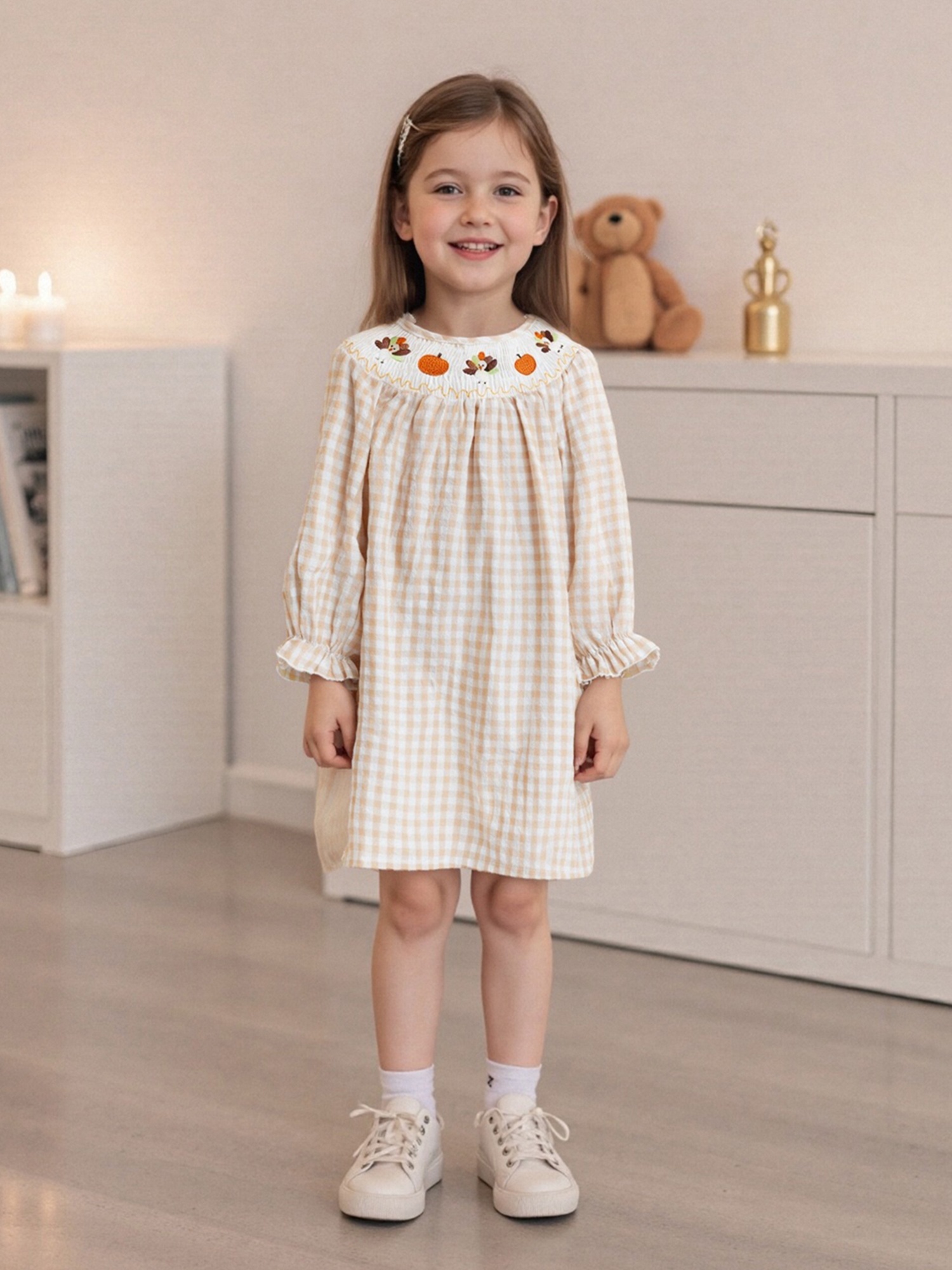 fitted lace wedding dress Long sleeves bows thankful smocked girls Thanksgiving dress – Yawoo Garment