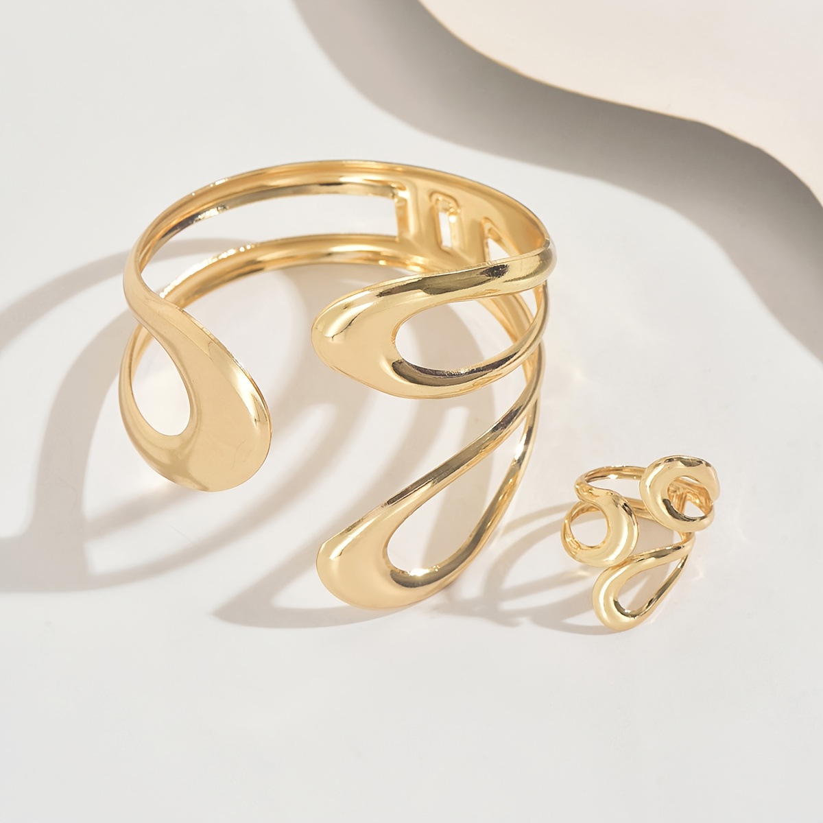 2pcs Set: Vintage, Unique, Trendy, And Cool Geometric Street-style Open-design Bracelet And Ring Set