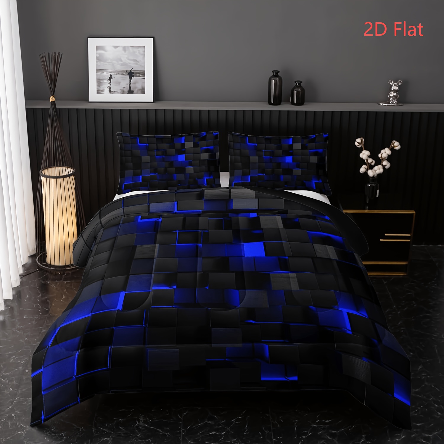TEMU Parure de lit 2D à plat 3 pièces à carreaux avec impression numérique Fashion Tech, parure de housse de couette 2D à plat Tech (1 housse de